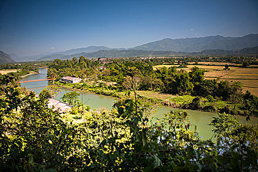 风景,远眺,河,城镇,万荣,老挝
