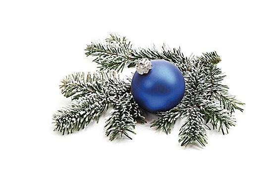 蓝色,圣诞球,杉枝,雪