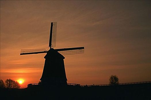 剪影,传统风车,黄昏,荷兰