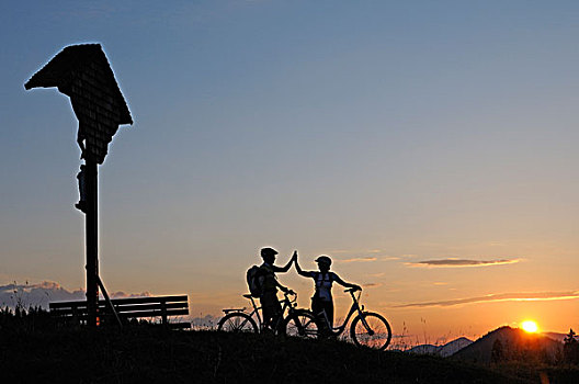 伴侣,电,自行车,高山,日落,上巴伐利亚,巴伐利亚,德国,欧洲