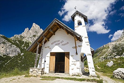 小教堂,正面,阿尔卑斯山,多罗迈特,白云岩,南蒂罗尔,意大利,欧洲