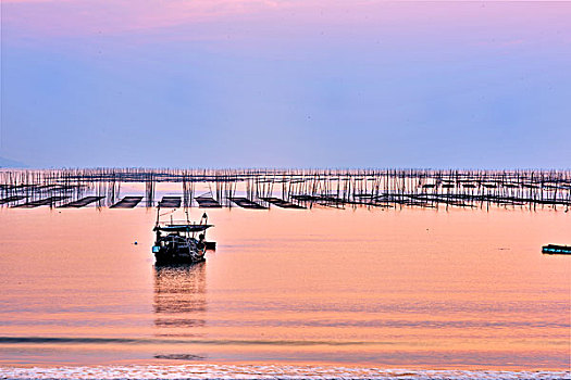 福建霞浦,海,渔船,海滩,晚霞