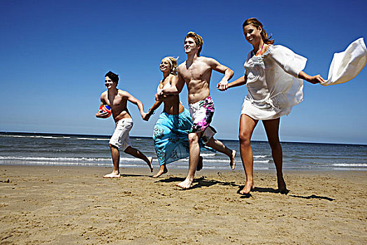 两个,男青年,美女,跑,海滩