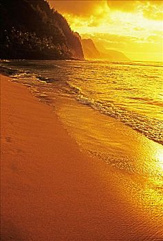 夏威夷,考艾岛,纳帕利海岸,海滩,日落,金色,橙色,反射