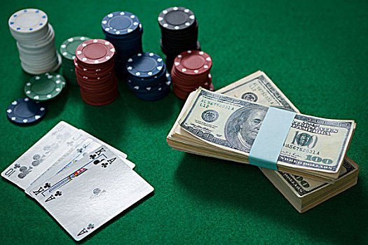 俯拍,钱,筹码,纸牌,绿色,桌子