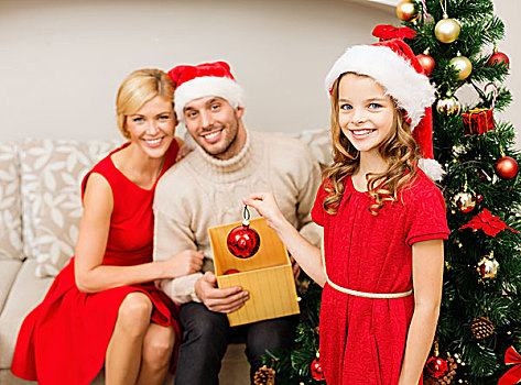 家庭,圣诞节,圣诞,冬天,高兴,人,概念,微笑,圣诞老人,帽子,装饰,圣诞树
