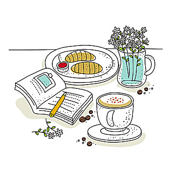牛角面包,盘子,书本,咖啡杯