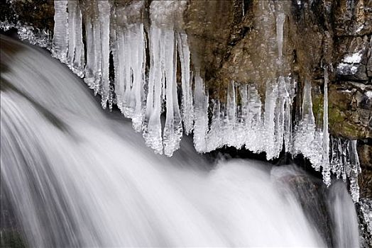 瀑布,冬天,上巴伐利亚,巴伐利亚,德国,欧洲