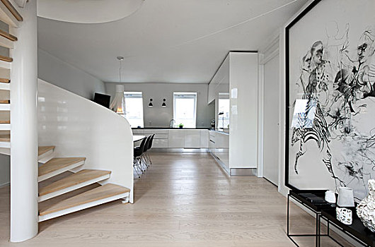 现代,公寓,哥本哈根,白色,墙壁,木地板,艺术,简约,风格,螺旋楼梯