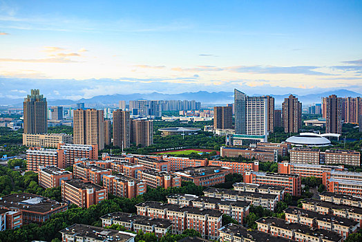 鄞州区,浙江万里学院,大学,俯视,俯瞰,全景,早晨,阳光,天空,建筑群,房子,高楼,城市,朝霞