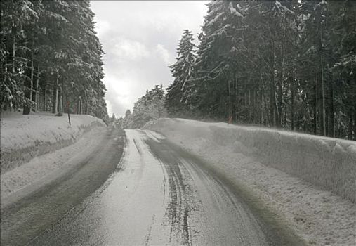 空,道路,树林,路湿,冬天,矿,山峦,萨克森,德国