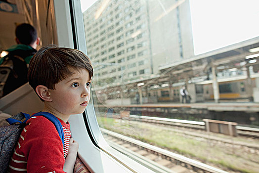 好奇,男孩,看穿,玻璃窗,旅行,列车
