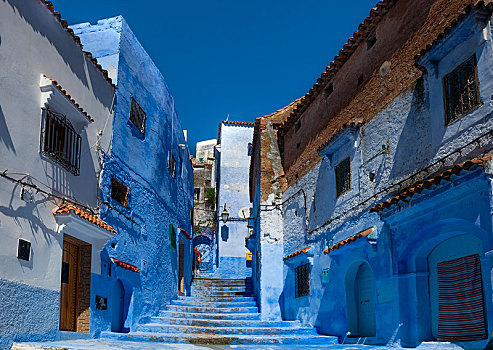 楼梯,狭窄,小路,蓝色,房子,麦地那,舍夫沙万,沙温,摩洛哥,非洲