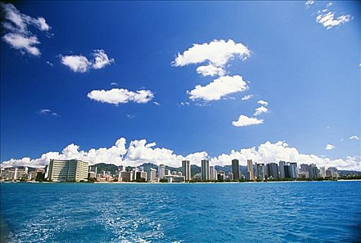 夏威夷,瓦胡岛,怀基基海滩,天际线,青绿色,海洋,蓝天