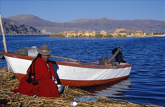 印第安女人,浮岛,漂浮,芦苇,岛屿,提提卡卡湖,水,湖