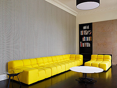 客厅,亮黄色,沙发,图案,壁纸