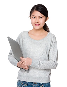 亚洲女性,拿着,笔记本电脑