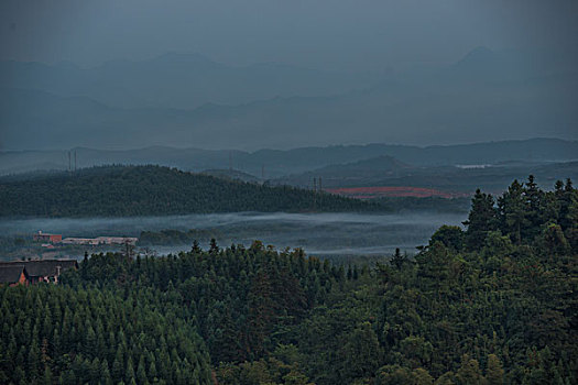 群山,树林,蓝天,烟,雾霾,风光,美景,黄花,树,农舍,农村,大山