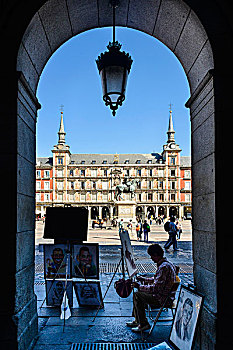 欧洲,西班牙,马德里,马约尔广场,画家,拱形,广场,雕塑,背景