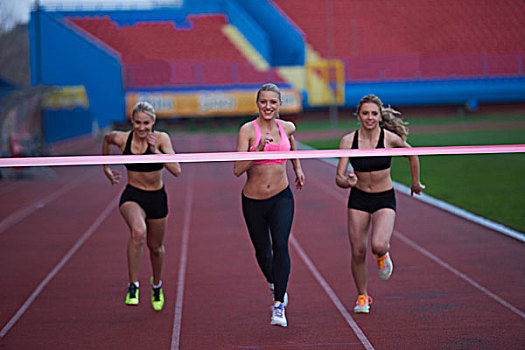 女性,跑步,完成,比赛,一起