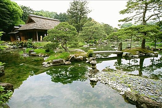 反射,树,石头,湖,皇家,花园,京都,日本
