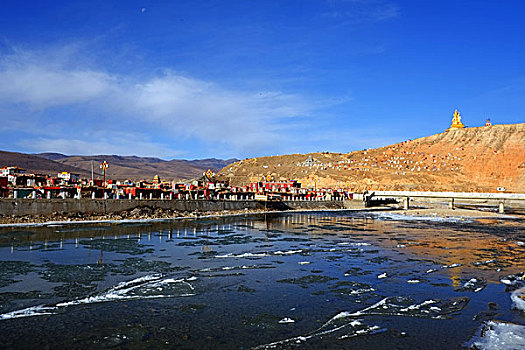 四川,西部,藏区,亚青寺,雪山,蓝天,云彩,佛塔,寺院,草原,雪,冰河