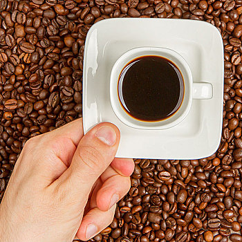 咖啡杯,咖啡豆,俯视