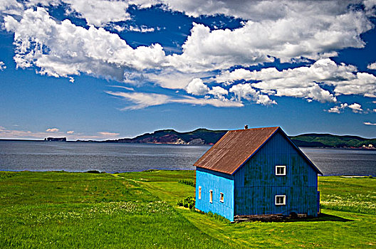 蓝色,谷仓,远眺,远景,石头,加斯佩半岛,伽斯佩,魁北克,加拿大