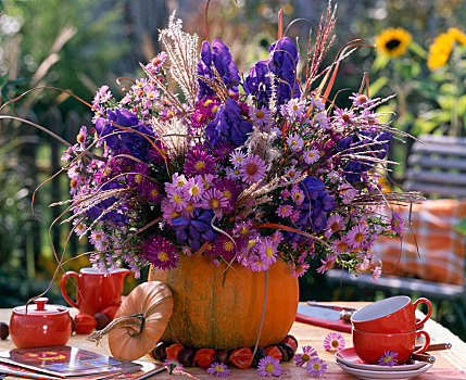 紫色,秋季花束,南瓜,花瓶