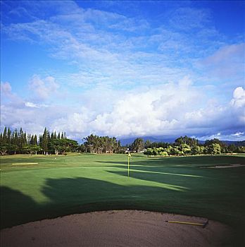 夏威夷,考艾岛,普林斯维尔,胜地,高尔夫球场,木头,场地,绿色,群山,高尔夫球道