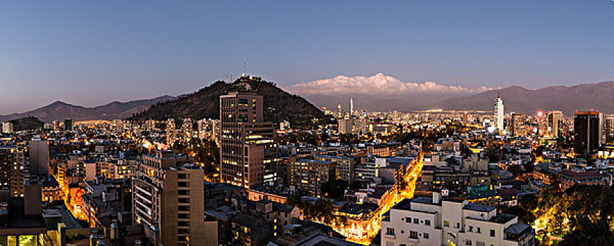 航拍,中心,圣地亚哥,城市,夜晚,智利