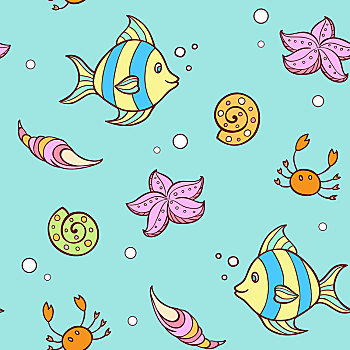 涂写,夏天,海洋,无缝,图案,鱼,海螺壳,矢量,插画