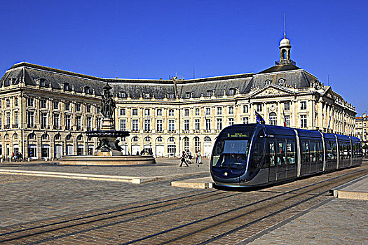 法国,阿基坦,波尔多,证券交易所,广场,喷泉,有轨电车