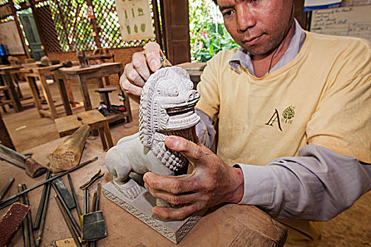 柬埔寨,收获,工匠,吴哥,工作间,男人,雕刻,狮子