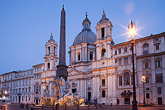 意大利,罗马,喷泉,四个,河,光亮,黄昏