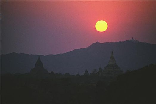 日落,上方,塔,蒲甘,缅甸