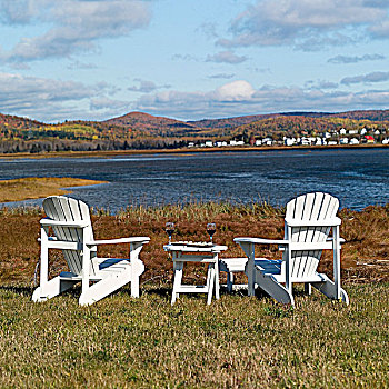 加拿大,魁北克,扶手椅,小,桌子,边缘,湖