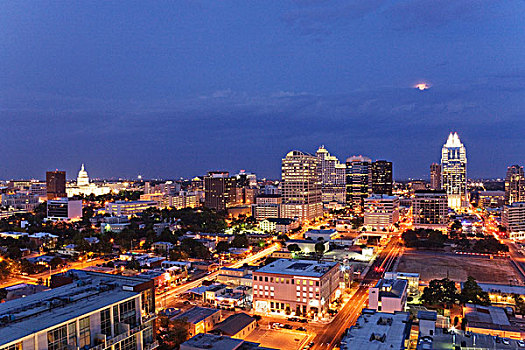 俯拍,城市,黄昏,德克萨斯,美国