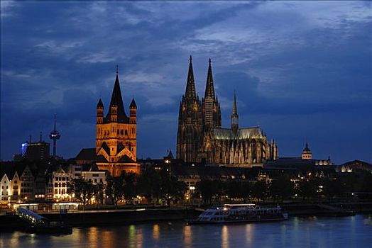 莱茵河,河岸,教堂,科隆大教堂,科隆,北莱茵威斯特伐利亚,德国,欧洲