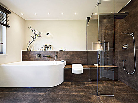 纯洁,优雅,设计师,浴室,弯曲,白色,褐色,砖瓦
