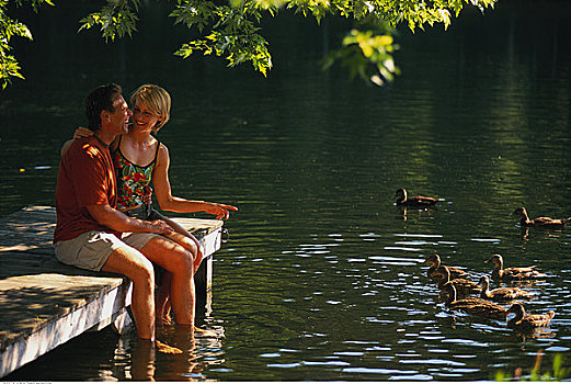 伴侣,看,鸭子,码头,贝尔格莱德湖区,缅因,美国
