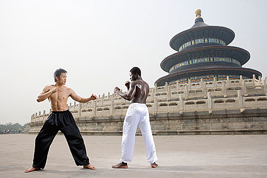 中国武术--两名男武术运动员在天坛祈年殿前对打