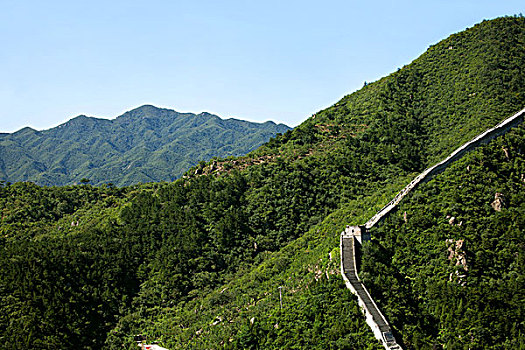 植被茂盛巍峨的青山和雄伟蜿蜒的长城