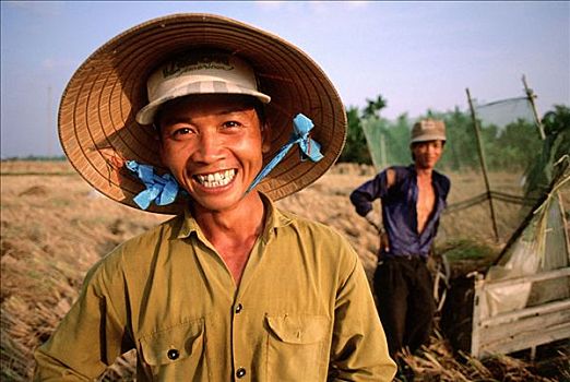 越南,湄公河三角洲,微笑,农工,脱粒,米饭,条纹状