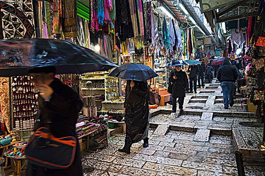 以色列,耶路撒冷,游人,游客,市场,雨天,老城