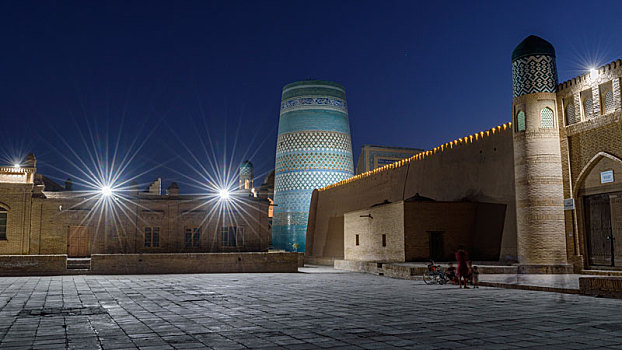 中心,希瓦,夜晚,历史,清真寺,建筑,光滑,瓷砖,户外,乌兹别克斯坦