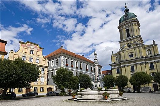 喷泉,市政厅,背影,多瑙河,上巴伐利亚,德国,欧洲