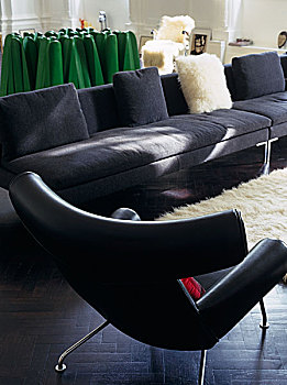 复古,黑色,皮制扶手椅,靠近,长,软垫,灰色,沙发