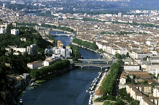 法国,里昂,航拍,城市,河
