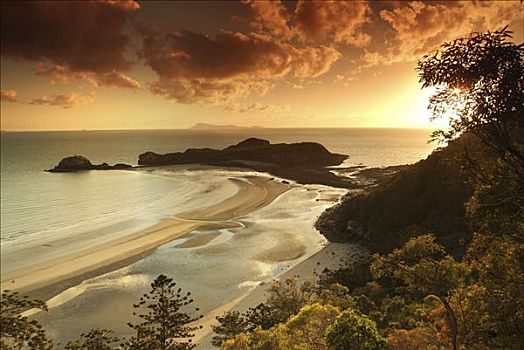 沙滩,日落,昆士兰,澳大利亚